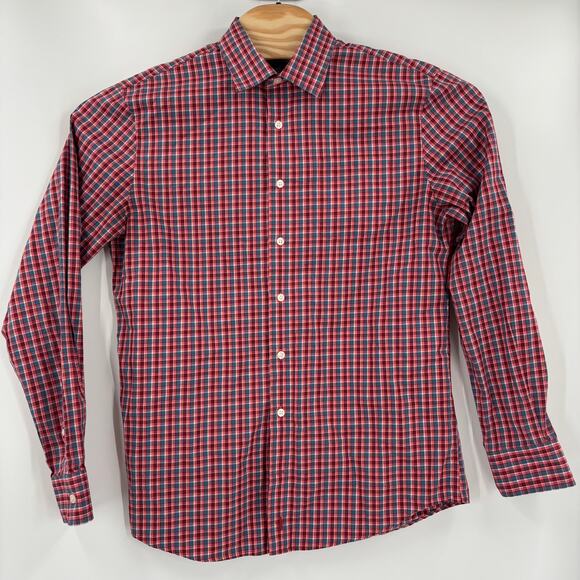 Johnnie O Mens Medium Red‎ Blue Check Long Sleeve Button Down Shirt - Picture 4 of 5